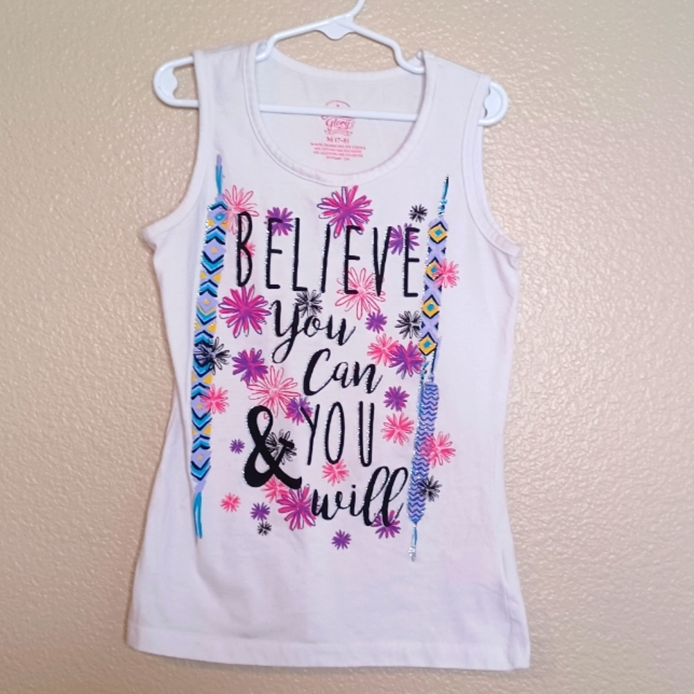 Faded Glory White Multi "Believe You Can & You Will" Tank Top Girls Medium (7-8)